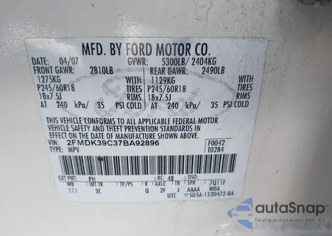 2007 Ford Edge Sel Plus из США, поврежденный, VIN 2FMDK39C37BA92896